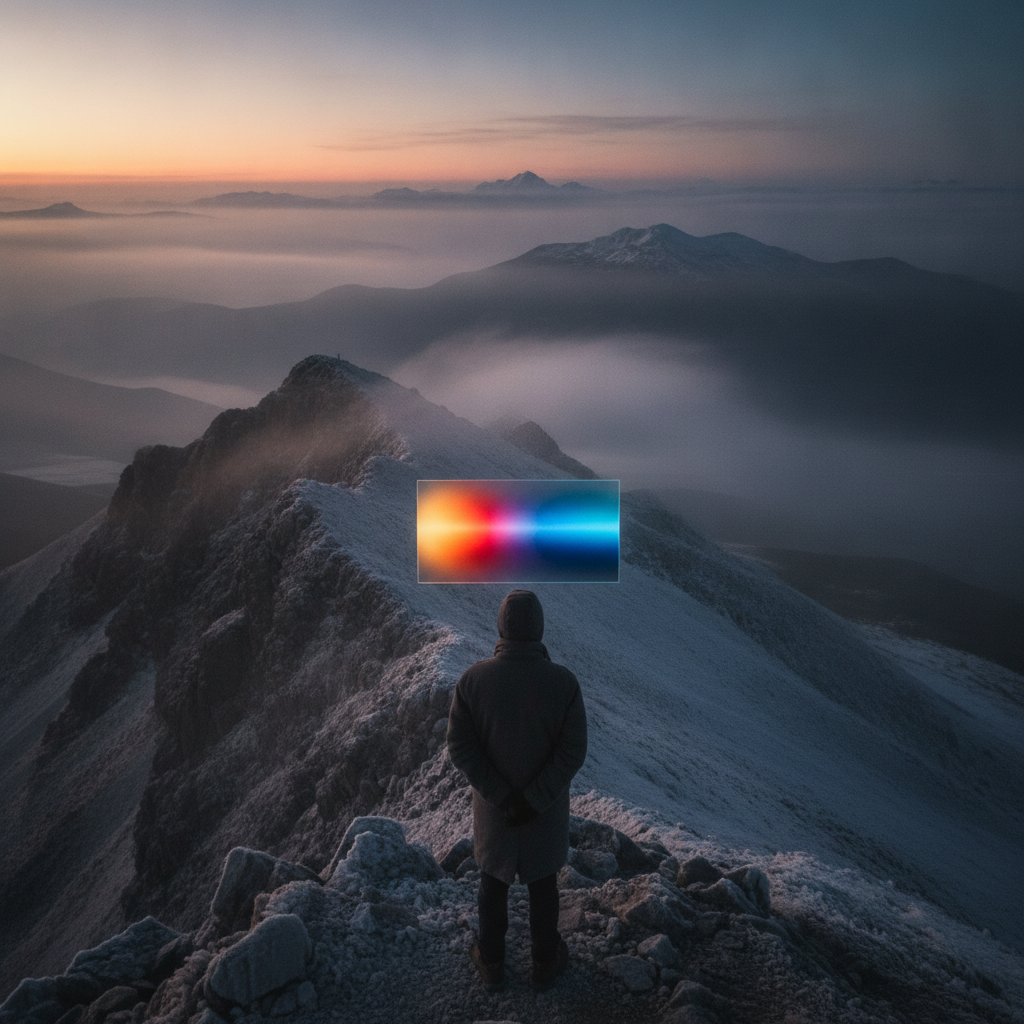 A person on a snowy ridge at dawn, facing a pane of coloured light.