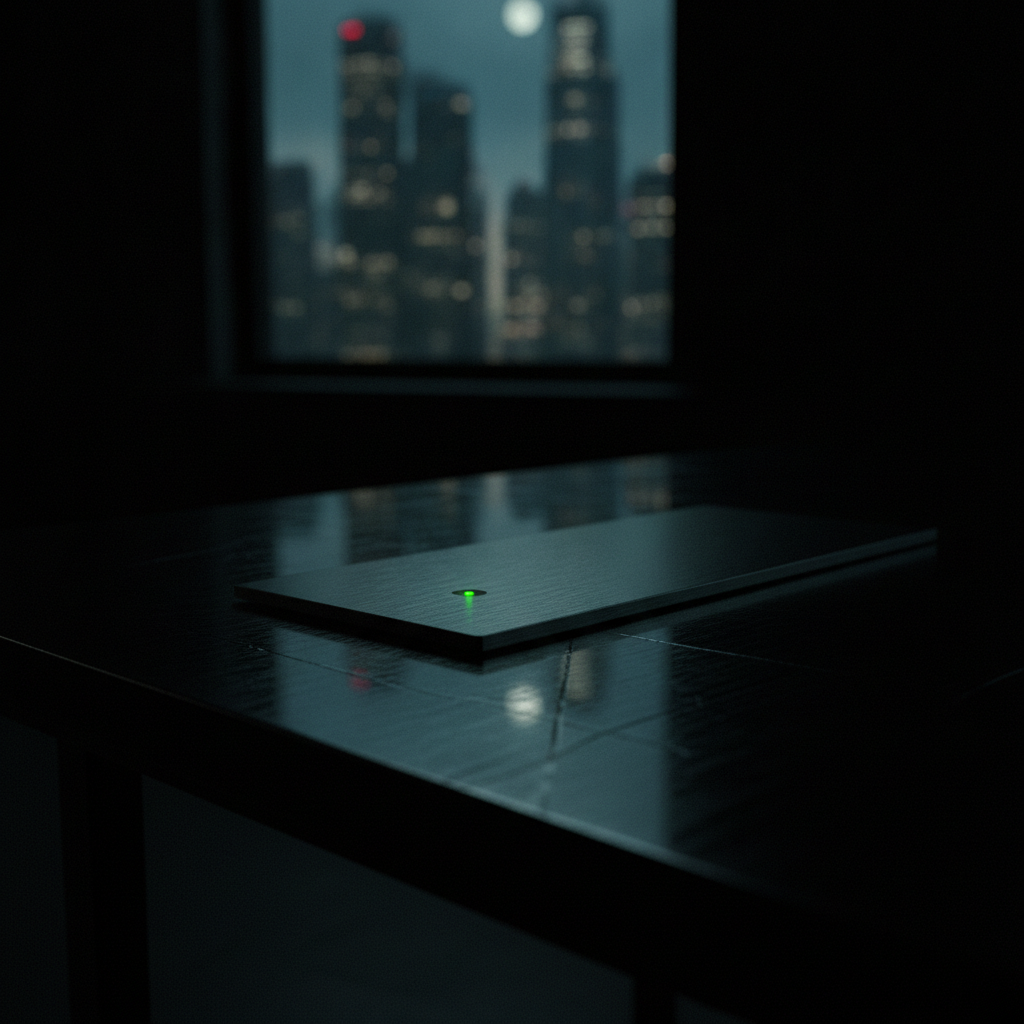 A thin dark slab on a desk, one green light, city towers in the window.
